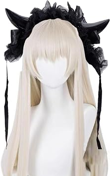 NICENEEDED Gothic Lolita Headdress, Black Lace Devil Horns Hair Band, Cosplay Lace Maid Hairband Hair Accessories for Headwear Halloween Party
