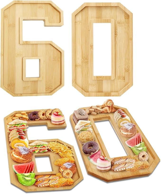 Brainy 60th Birthday Party Supplies Trays Number Charcuterie Tray Wooden Serving Anniversary Number Charcuterie Tray for 60th Birthday Anniversary Party Decorations Chocolate Candy Container