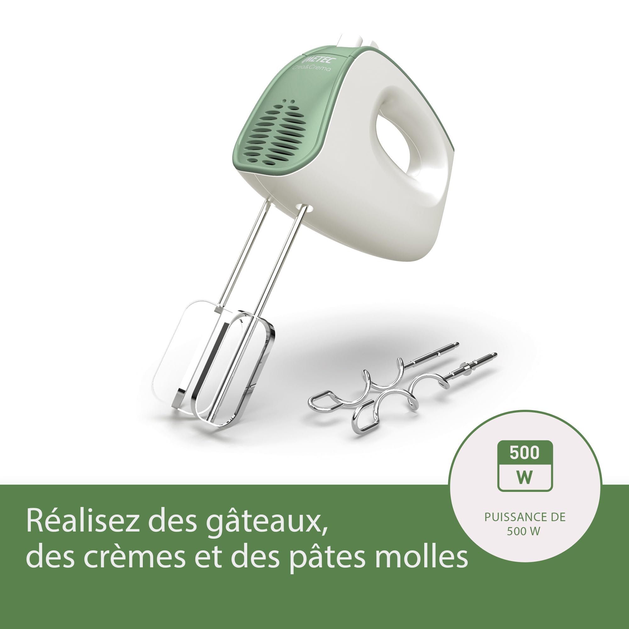 Imetec Crea & Crema Batteur Électrique, Fouets Extra-Longs pour Pâtes Sucrées et Crème Fouettée, Crochets de Pétrissage en Acier Inoxydable, 5 Vitesses, Fonction Turbo, Design Ergonomique, 500 W