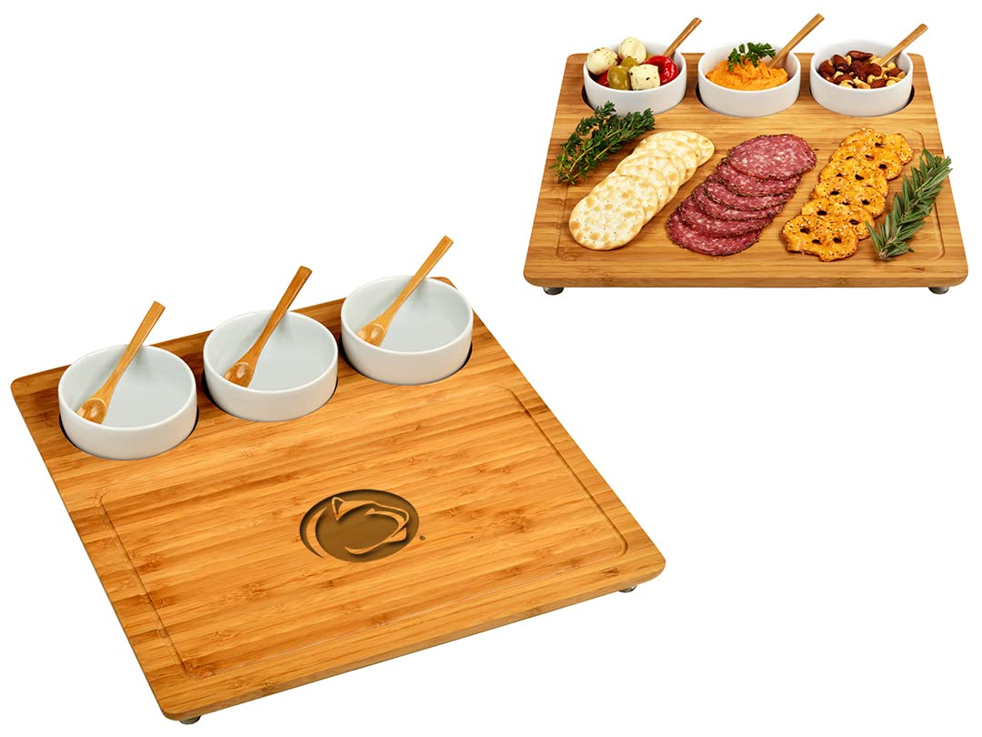 NCAA Penn State Officially Licensed Nittany Lions Bamboo Cheese/Charcuterie Board with Ceramic Bowls & cheese Markers