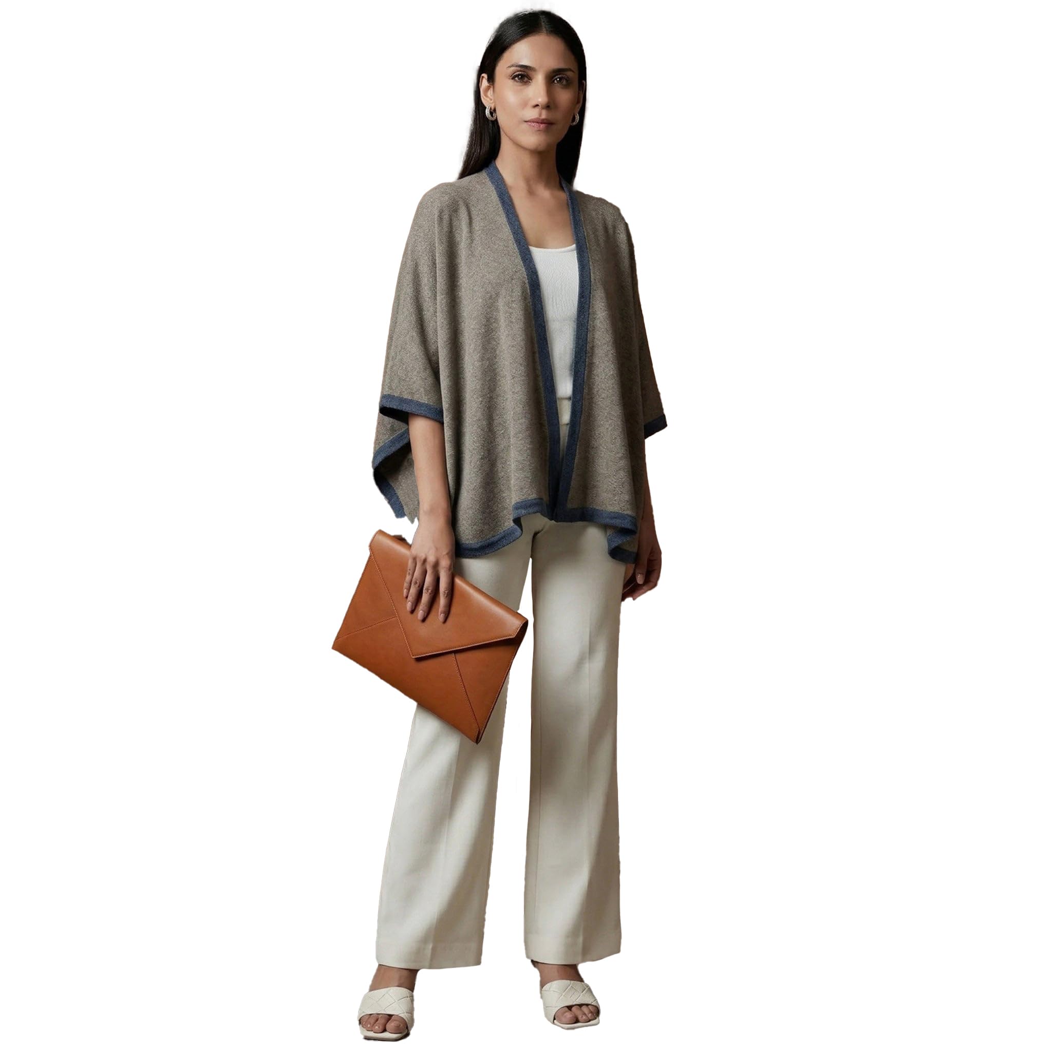 Stone Grey and Blue Short Knitted Cashmere Cape-image-9
