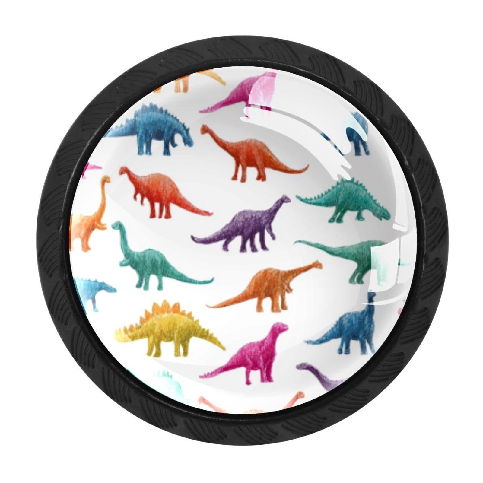 Chenzzzz Multicolored 11 4 Pack Round Cabinet Knobs For Kitchen Bathroom Closet Dresser Cabinets, Colorful Hand Drawn Dinosaur Pattern (3)