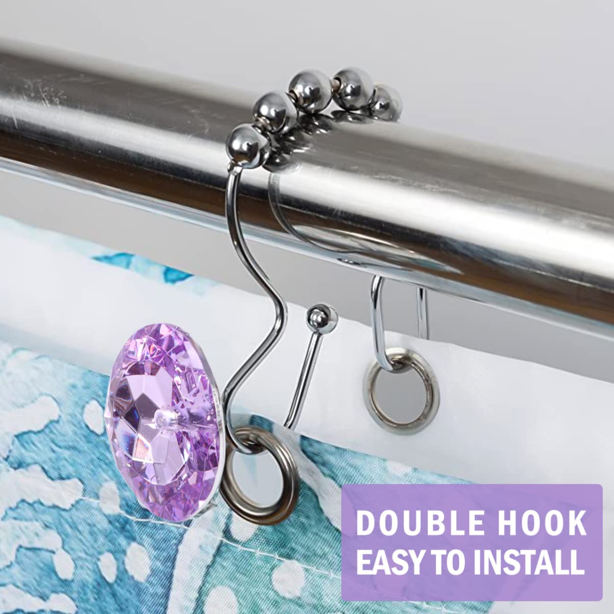 TOPBATHY 12pezzi Ganci per Doccia e Rivestimenti Ganci Doppi Scorrevoli in Acciaio Inossidabile per Anelli con Design Strass Decorativi