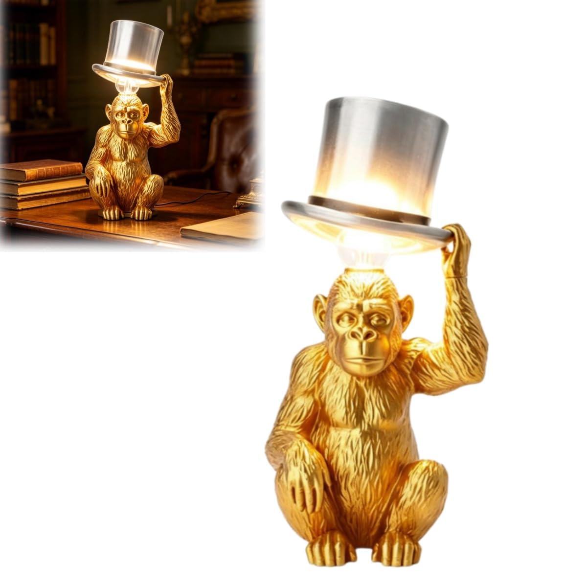 Monkey Table Lamp with Top Hat – Sculptural Animal Desk Lamp, Fun Creative Decorative Lamp for Living Room, Bedroom, Bar & Cafe, Whimsical Animal Sculpture Night Light for Monkey Lovers (Gold)