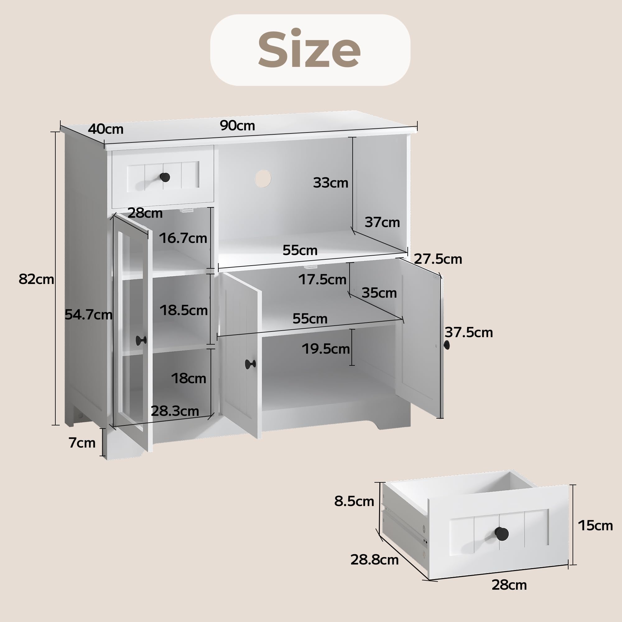 Küchenschrank mit Arbeitsplatte, Buffetschrank mit Mikrowellenregal, Sideboard mit 1 Schubladen, 3 Tür, Verstellbaren Regalen, für Küche, Esszimmer und Wohnzimmer, 90 x 40 x 82 cm, Weiß