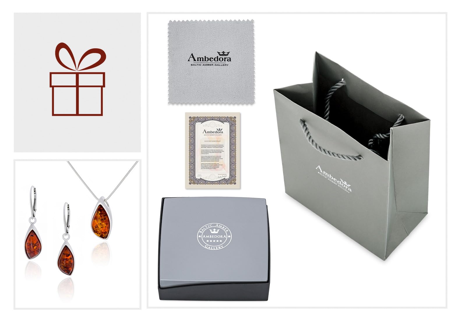 Piccolo set di gioielli da donna Ambra 846B, ciondolo con collana e orecchini, ambra baltica color cognac, argento sterling 925, idea regalo