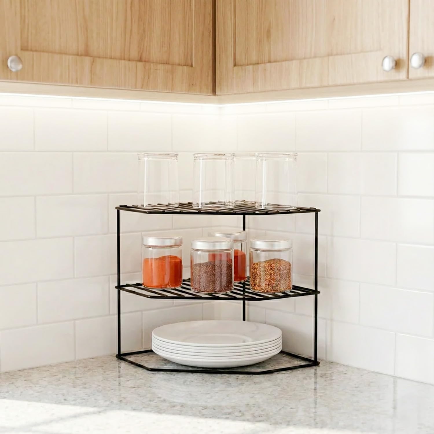 WonderStand KONA - Scaffale angolare in acciaio GI a 3 livelli: una soluzione versatile per organizzare piatti e piatti da cucina (nero)