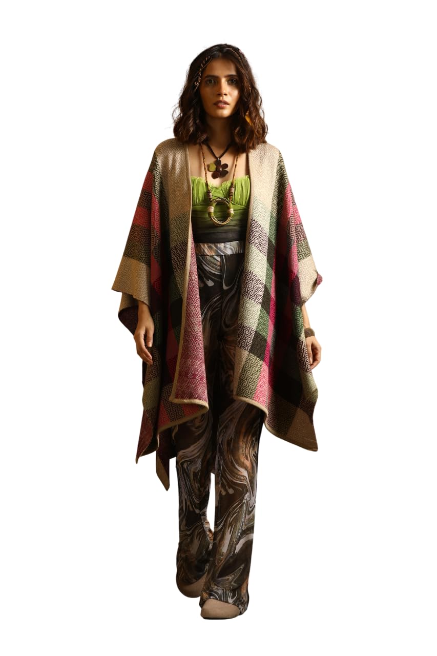Stylish Women’s Cape | Draped Shawl Style Open Front Layer | Structured Textured Fabric with Contrast Border Detailing | Refined Indo-Western Fashion Wrap-image-27
