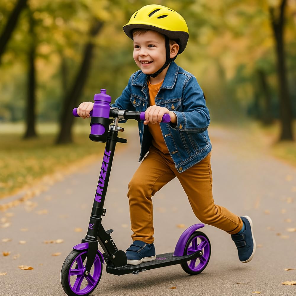 KRUZZEL Roller Kinder Klappbar ab 8 Jahren bis to 100 kg 200-mm-Räder - Höhenverstellbar Lenkrad 87–92–98 cm -Scooter Grau mit Fußbremse und Flaschenhalter - Aluminiumrahmen 25629