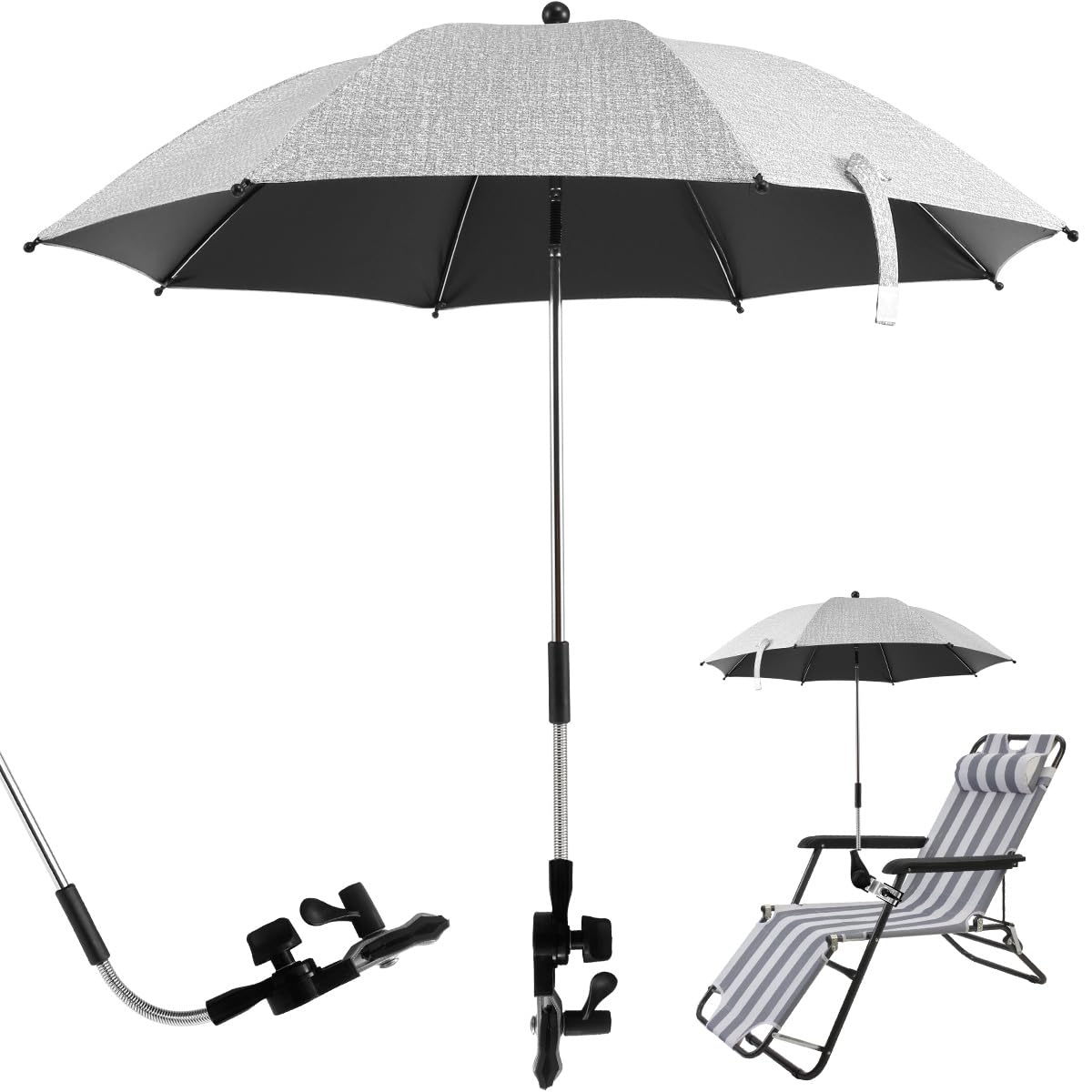 CBWERBB Beach Chair Umbrella Beach Umbrella with Clamp Sun Protection Stroller Parasol Rainproof and Windproof for Outdoor Patio Stroller Wheelchairs Patio Beach Chair (Grey, 75 cm)