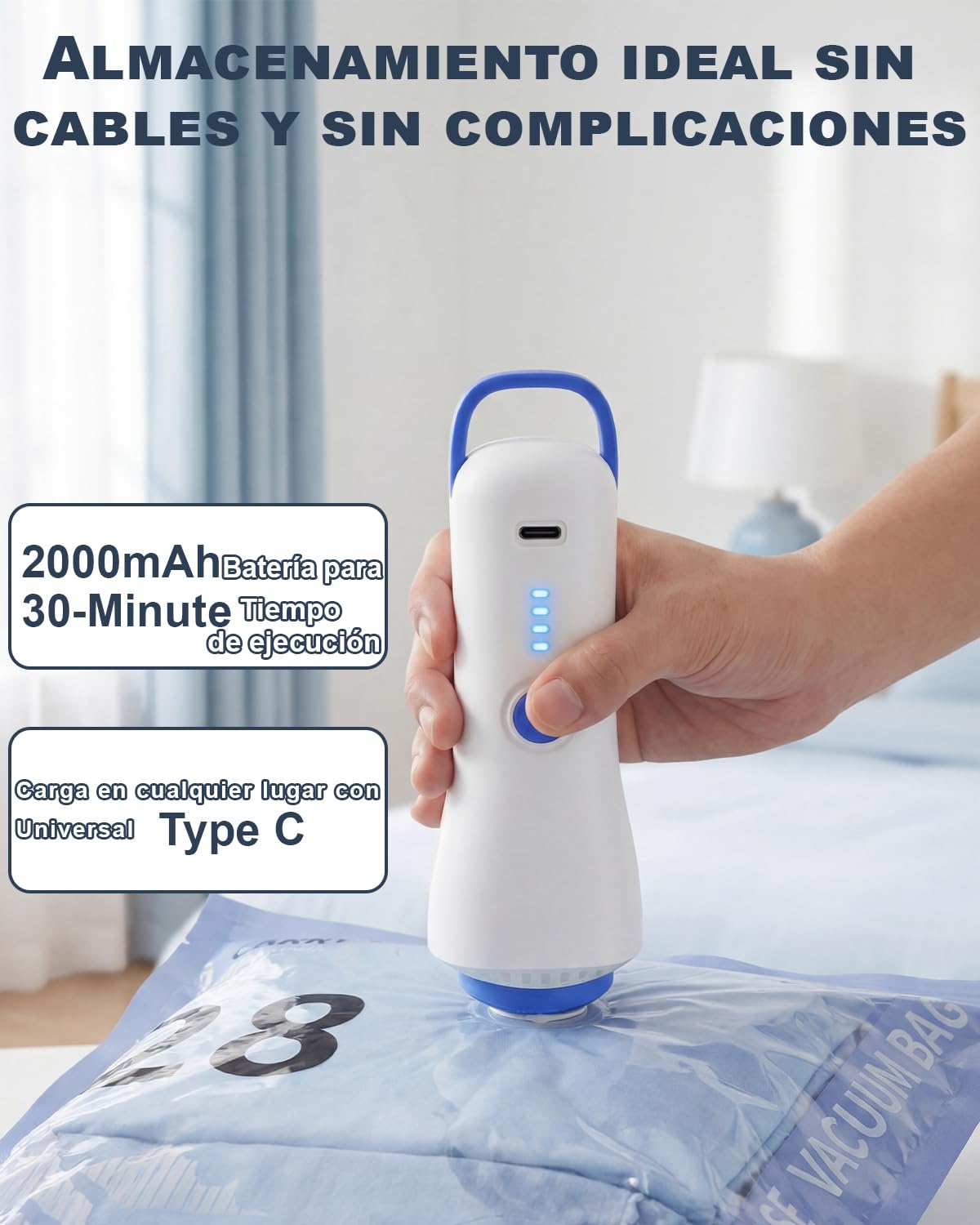 Paquete de 12 bolsas de almacenamiento al vacío (4 de 100 x 80 cm, 4 de 74 x 54 cm y 4 de 64 x 47 cm) con bomba eléctrica y doble cremallera, impermeables y herméticas. - 4