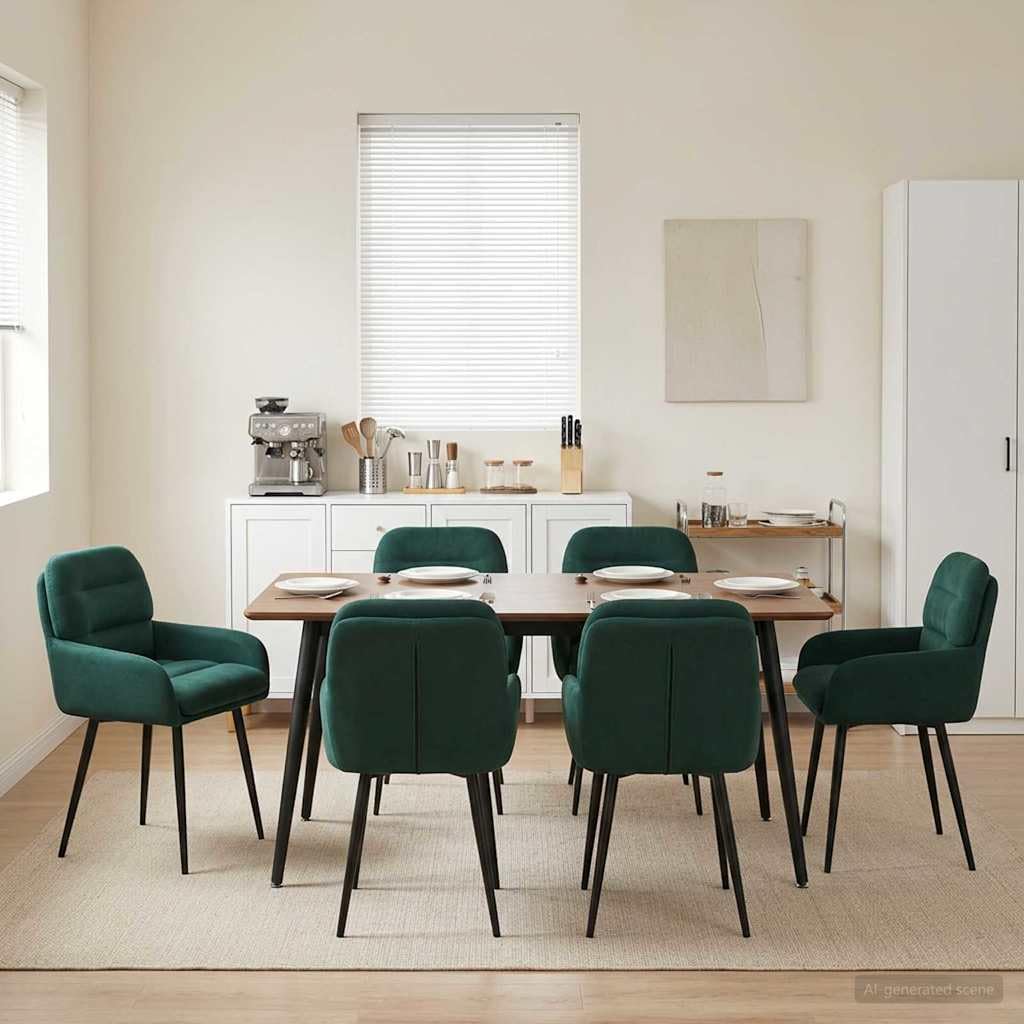 Krzesło do jadalni, zestaw 6 sztuk, aksamitne, ciemnozielone z podłokietnikami, ergonomicznie wyściełane, nowoczesne wzornictwo, stabilna metalowa rama, wygodne siedzisko, idealne do jadalni
