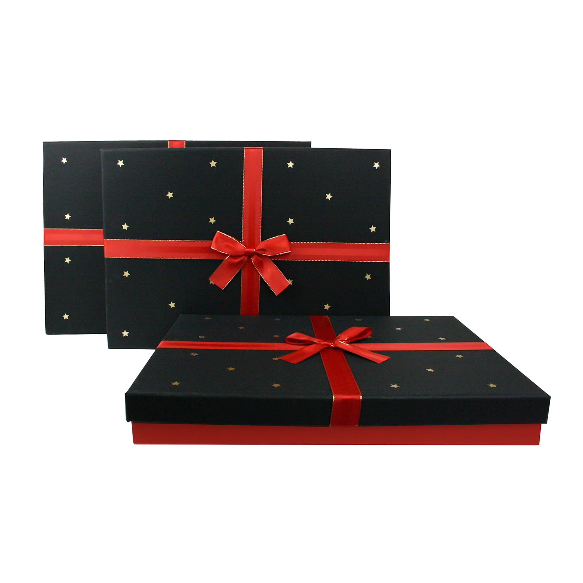 Emartbuy Lot de 3 boîtes cadeaux rigides - Boite rouge avec couvercle noir et étoiles - Intérieur marron et ruban décoratif rouge