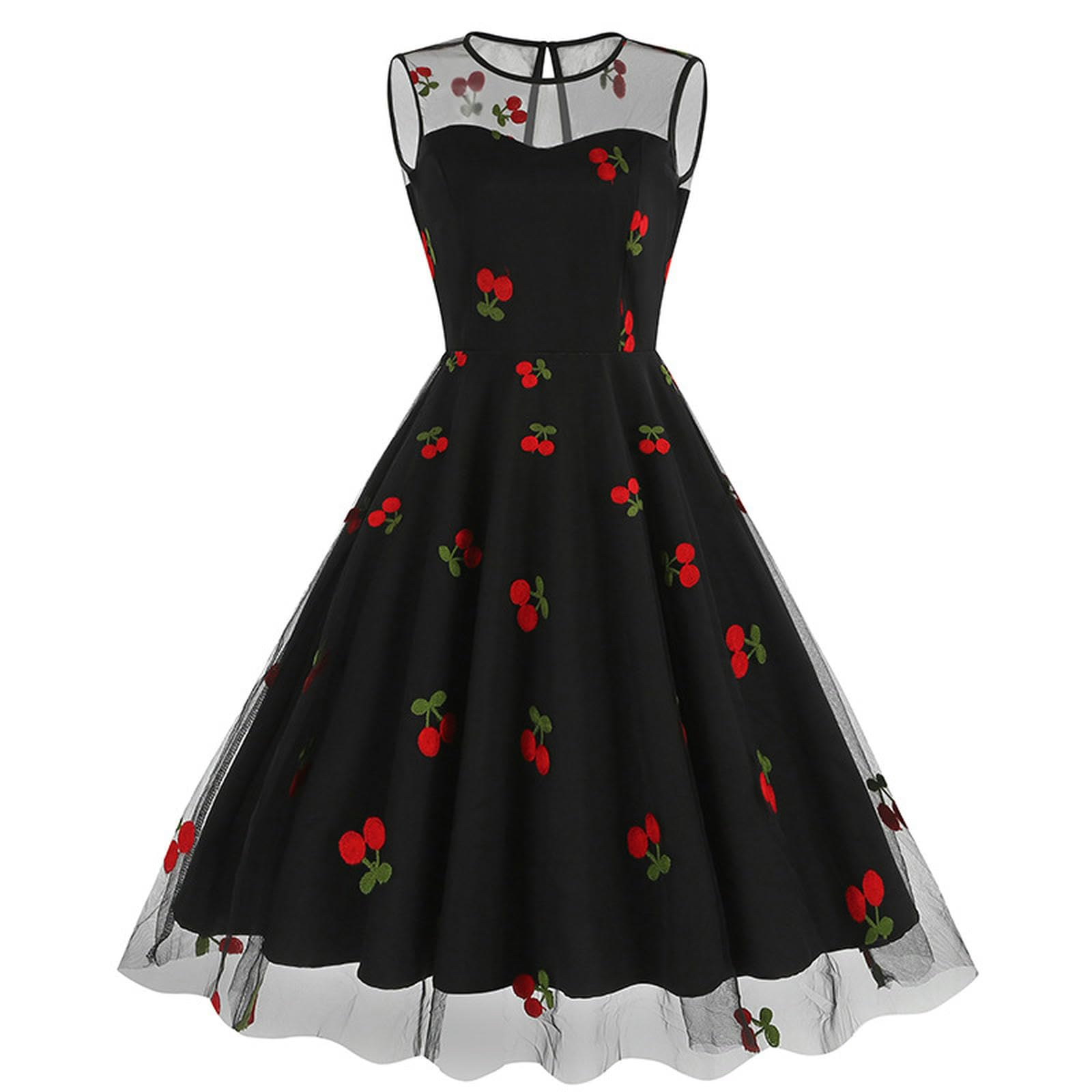 Robe rétro européenne et américaine à col Rond sans Manches pour la Saint-Valentin en Maille brodée de Cerises-Noir Cerise-M