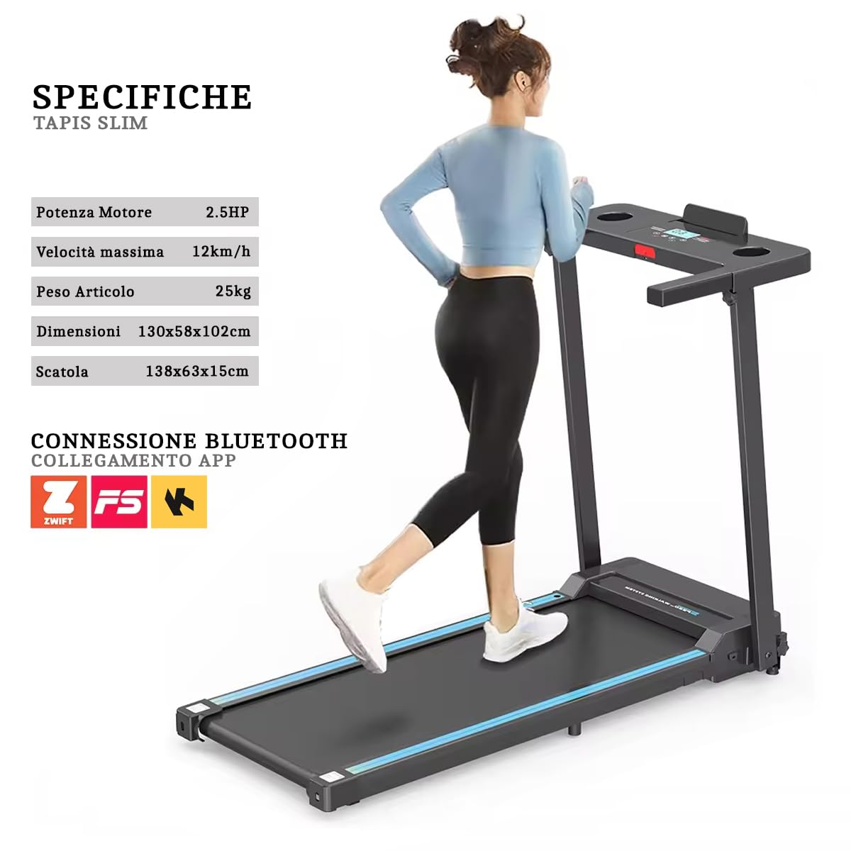 Tapis Roulant elettrico SLIM Home Fitness, Tappeto da corsa pieghevole salvaspazio, Telecomando, Bluetooth integrato, Smartwatch Cardio, App KINOMAP ZWIFT FitShow Velocità regolabile 10 km/h