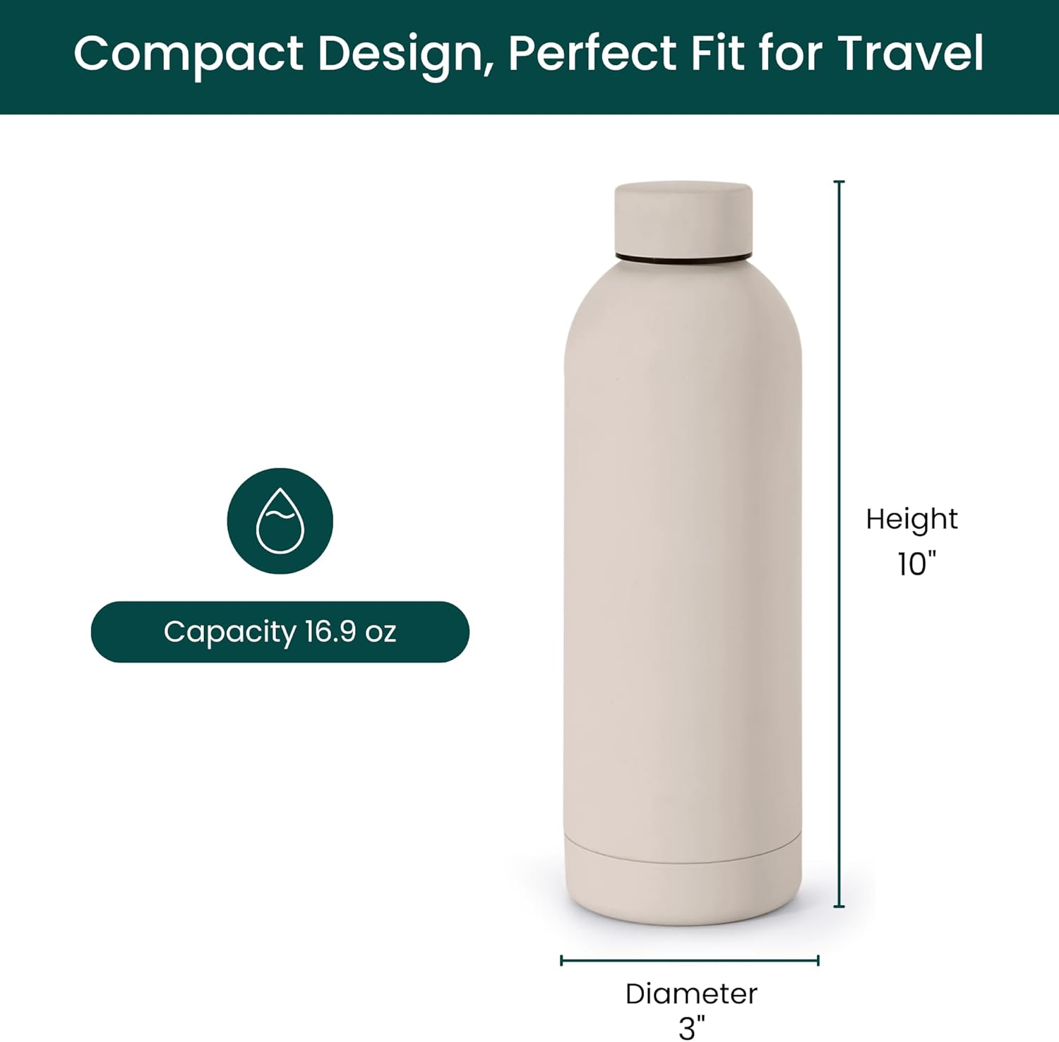 NOBL Stainless Steel Water Bottle,17 oz, 500 ml, Double Wall Vacuum Insulation, Sealed Bottle Keeps Drinks Cold 24 Hrs & Hot 12 Hrs, Leak Proof, Fits Noble Carry-On Cup Holder - Sand