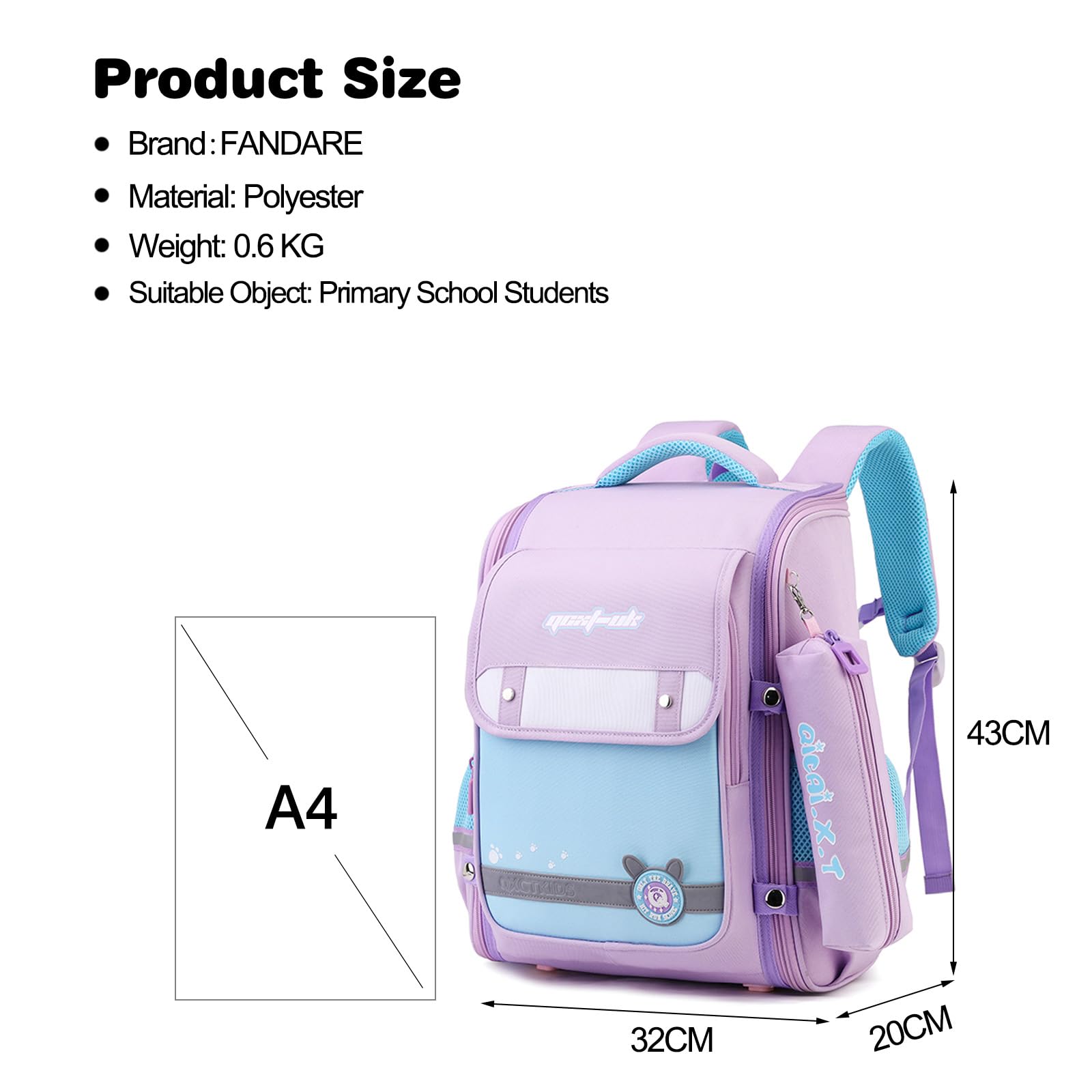 FANDARE Kinderrucksack 27L Schulranzen ab 4 Jahre, Jungen Mädchen Grundschule - Nachtreflektierende Sicherheitsstreifen & Federmäppchen Rucksack für Kindergarten & Schulbedarf