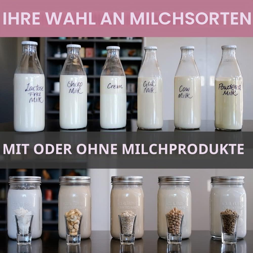 Joghurtbereiter aus Edelstahl mit 1 Quart Glas und komplettem Rezeptbuch für 12+ einfache hausgemachte milchfreie und Milchjoghurts