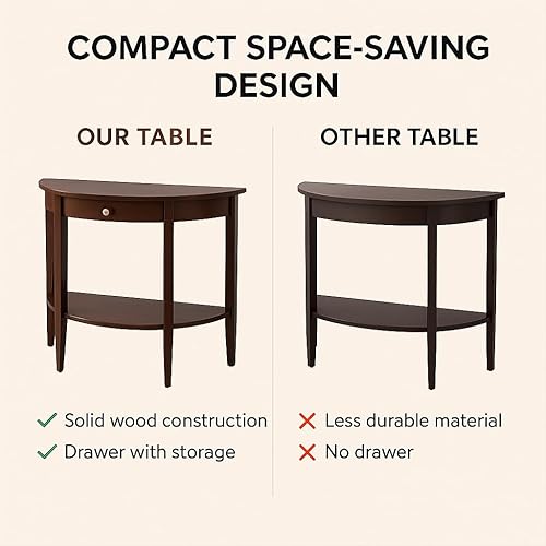 Miniatura 8 de Ergode Elegante mesa consola de media luna de nogal con cajón y estante inferior, mesa decorativa de entrada de madera maciza para pasillo, sala de