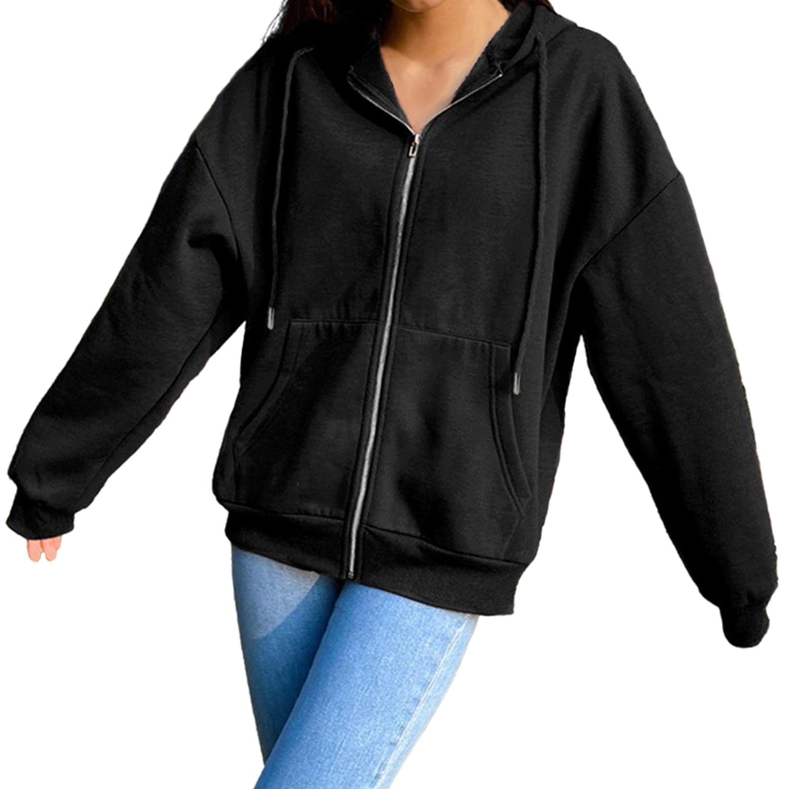 Enakshi® Women's Solid Color Cotton Blend Zipper Hoodie Jacket Loose Top Black M|Clothing Shoes & Accessories | Womens Clothing | Sweats & Hoodies-picture-10