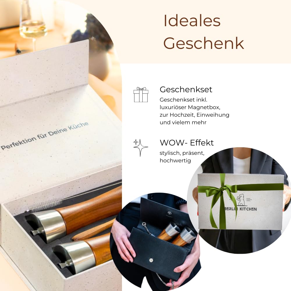 Salt'n Pepper Passion Salz- und Pfeffermühle Set | Edle Akazie & Edelstahl | GRATIS Dosierlöffel | Langlebiges Keramikmahlwerk | Stilvolles Geschenk | Stufenlos einstellbarer Mahlgrad