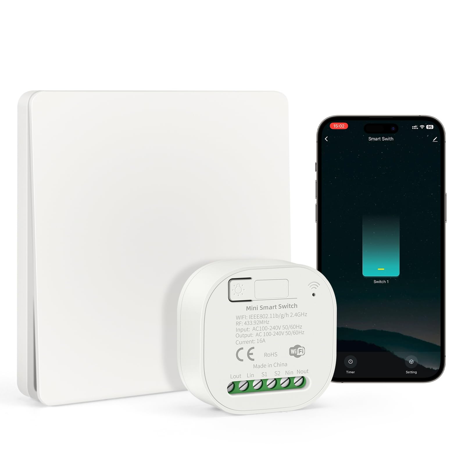 VIPMOON WiFi Smart Wireless Lights Switch Kit 16A 240V 1-Way/ 2-Way, No Wiring No Battery Waterproof Switch, Compatible with Alexa & Google Assistant Voice Control Timing Function (Switch&Receiver)