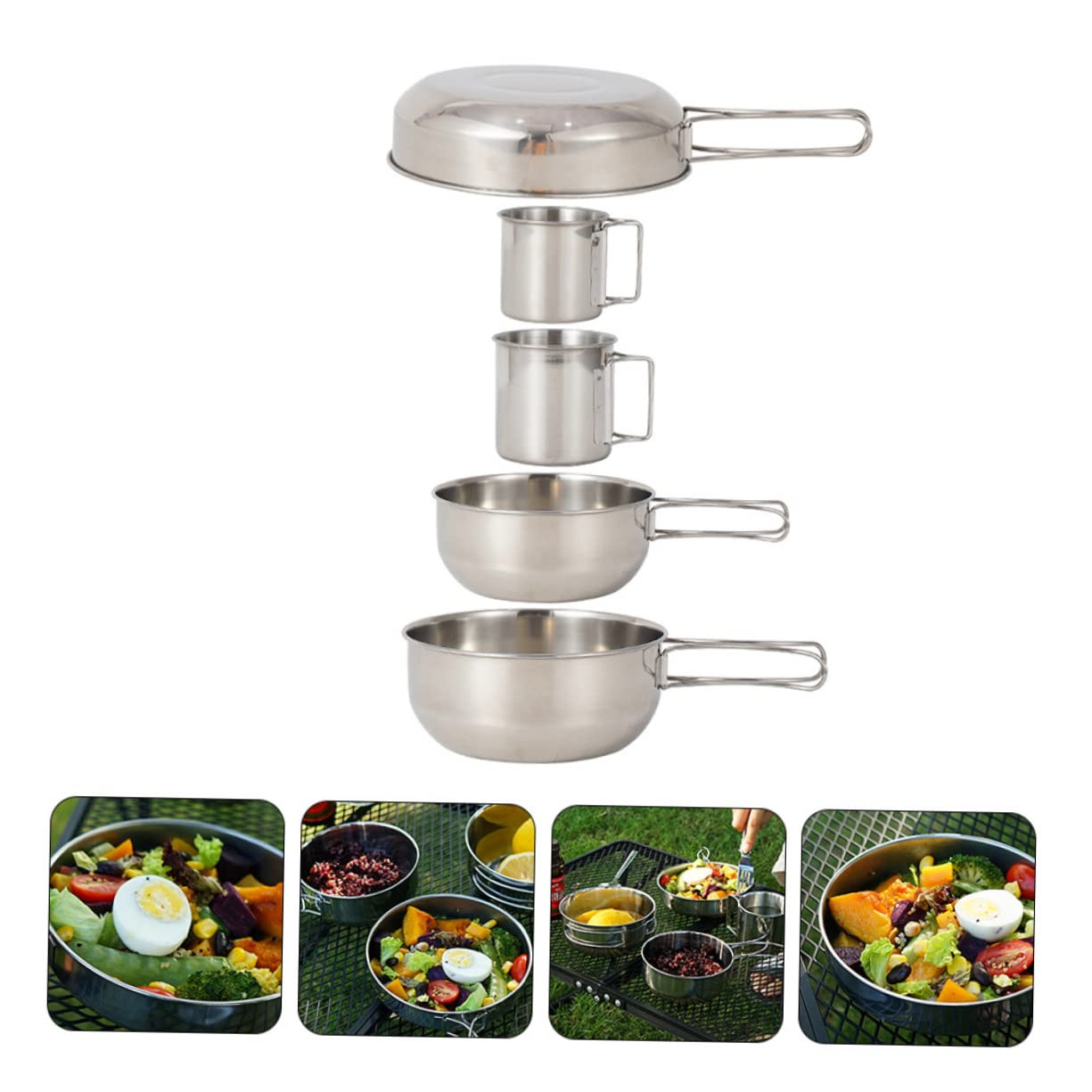 UPKOCH 5pezzi Posate per Campeggio in Acciaio Inox Compreso Padella Pentola Piccola Pentola Tazza Tazza Piccola Manico per Impilare Facilmente Leggero e Pratico per Trasporto