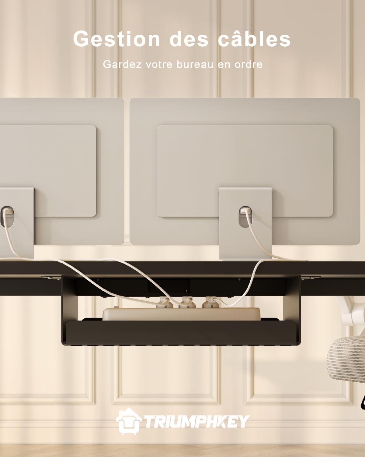 Desk with integrated cable management tray and grommets