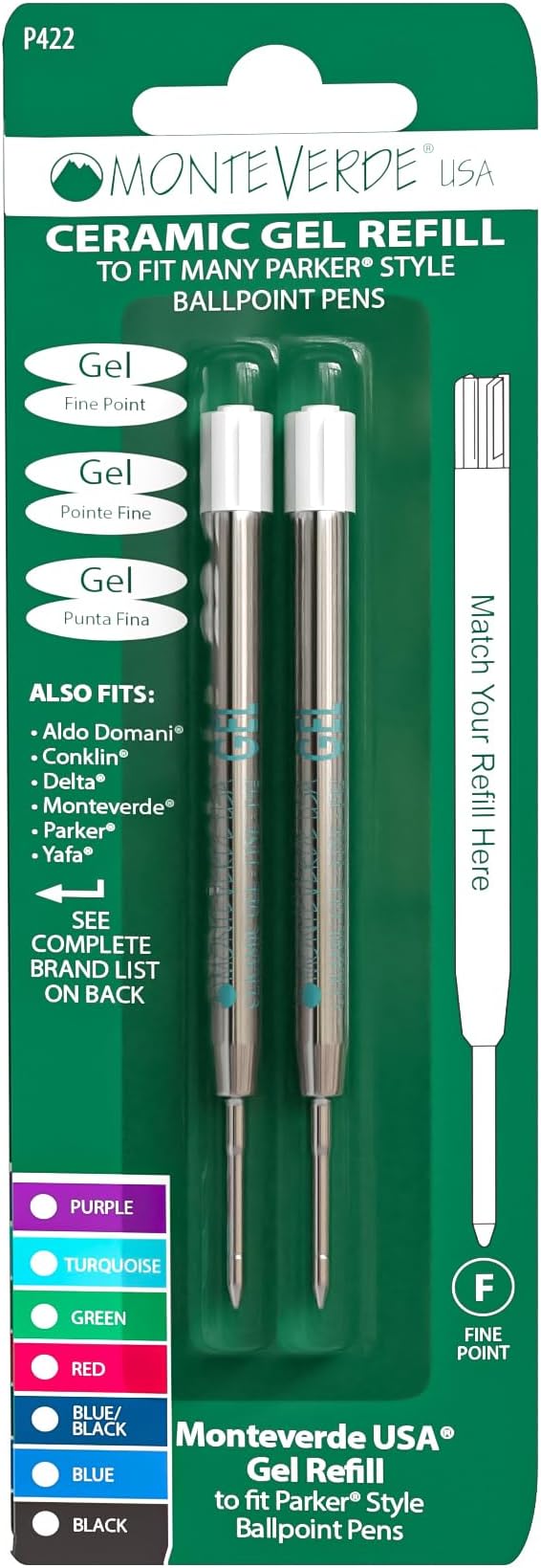 Monteverde Capless Gel Ballpoint Refill to Fit Parker Ballpoint Pens, Fine Point, Turquoise, 2 per Pack (P422TQ)