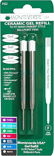Monteverde Recambio de bolígrafo de gel sin tapa para adaptarse a bolígrafos Parker, punta fina, turquesa, 2 por paquete (P422TQ)