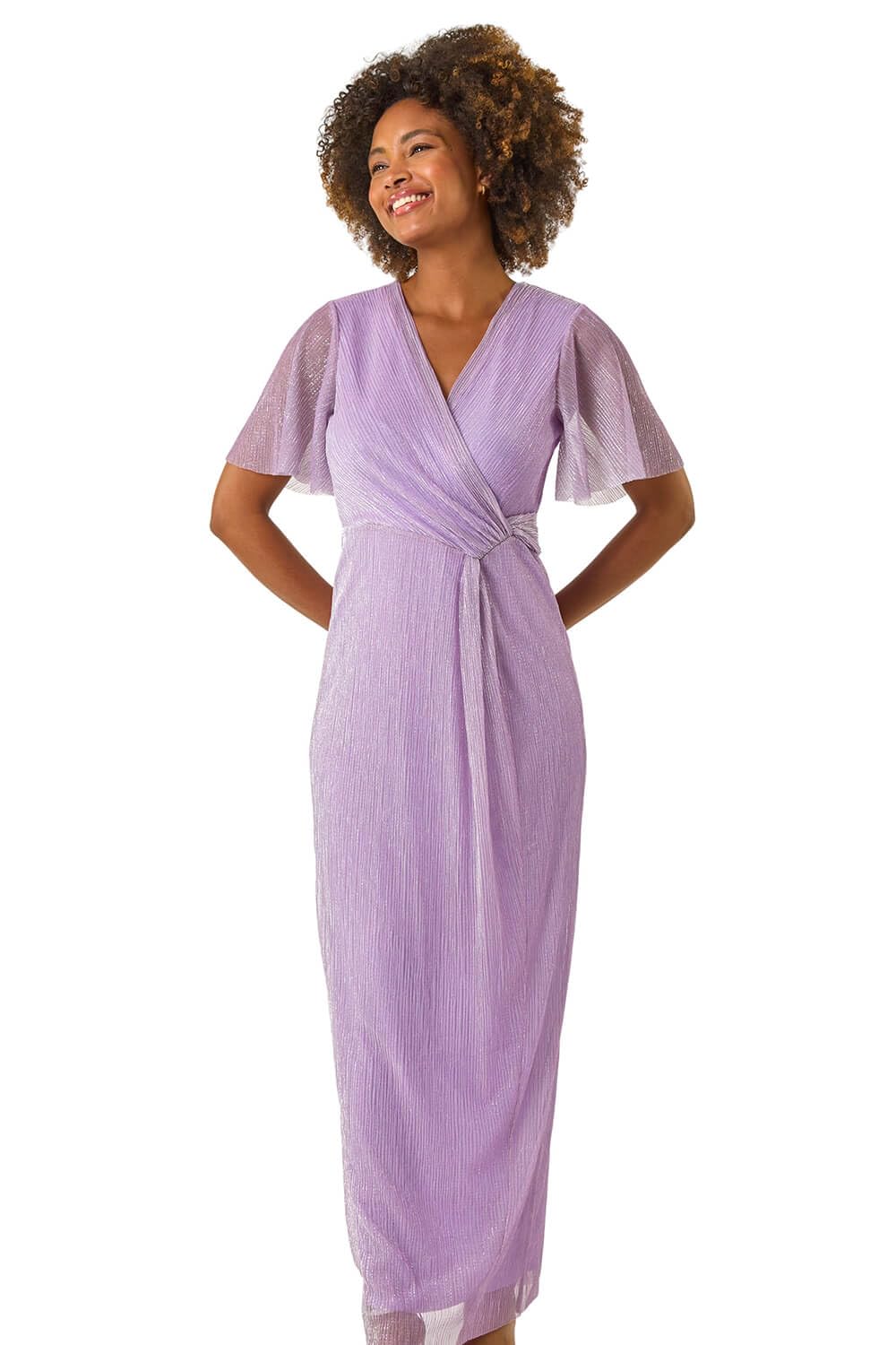 Roman Originals Women's Lilac Metallic Plisse Bodycon Maxi Dress For Uk - Everyday Holiday Spring Summer V-Neckline Comfy Soft Evening Vacation Work Party - Size 10