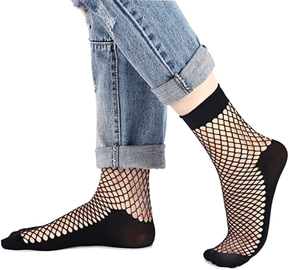 Fohevers Women's Bottom-Fishnet-5Packs 5 Pairs Fishnet Socks Short Ankle Sock High Mesh Fishnet Hosiery (Bottom-Fishnet-5Pairs)