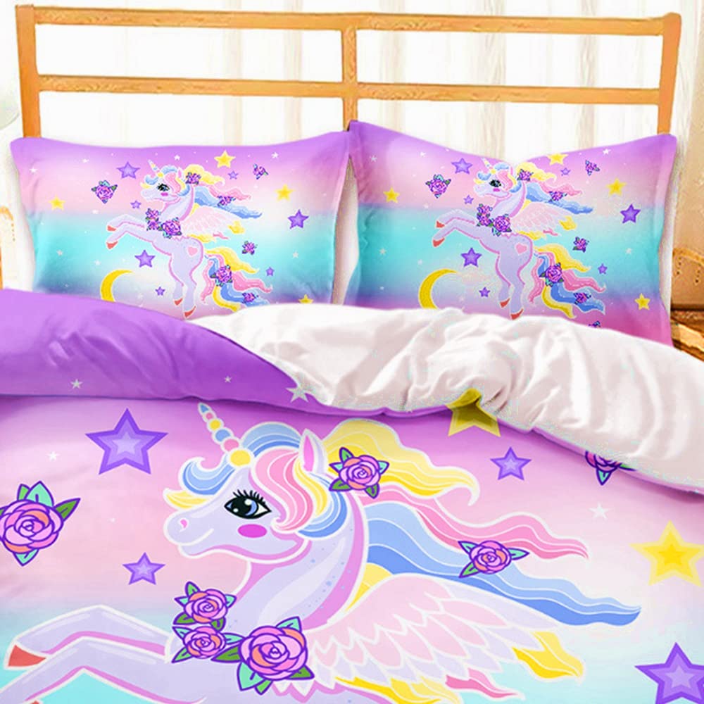 AOXHFNV Pink Unicorn Duvet Cover, Cute Unicorn Girls Children's Bed Linen 135 x 200 cm With 2 Pillowcases (200 x 200 cm, Pink) - Image 2
