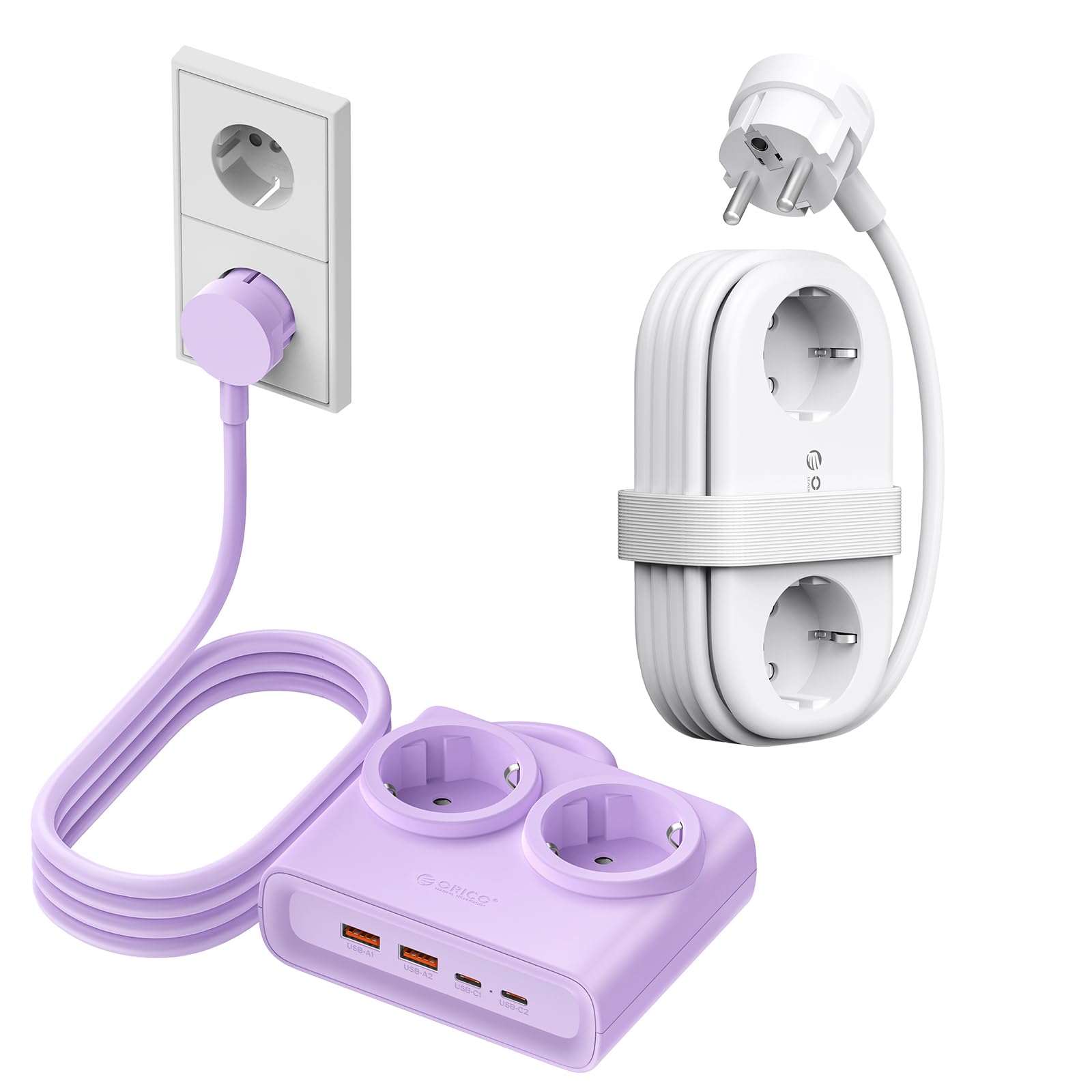 ORICO Combo 2 en 1: Regleta de Viaje Blanco + PowerBrick Lila | 4 Enchufes AC + 7 Puertos USB (3 USB-C) | Carga Rápida GAN 25W y PD 20W | Cables de 1.5m y 1.6m para Viajes, Hogar, Oficina