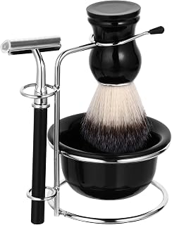 PRETYZOOM Men’s Shaving Kit 4pcs Stainless Steel Razor Beard Brush Soap Bowl with Stand Professional Grooming Set for Facial Hair Care and Home Use