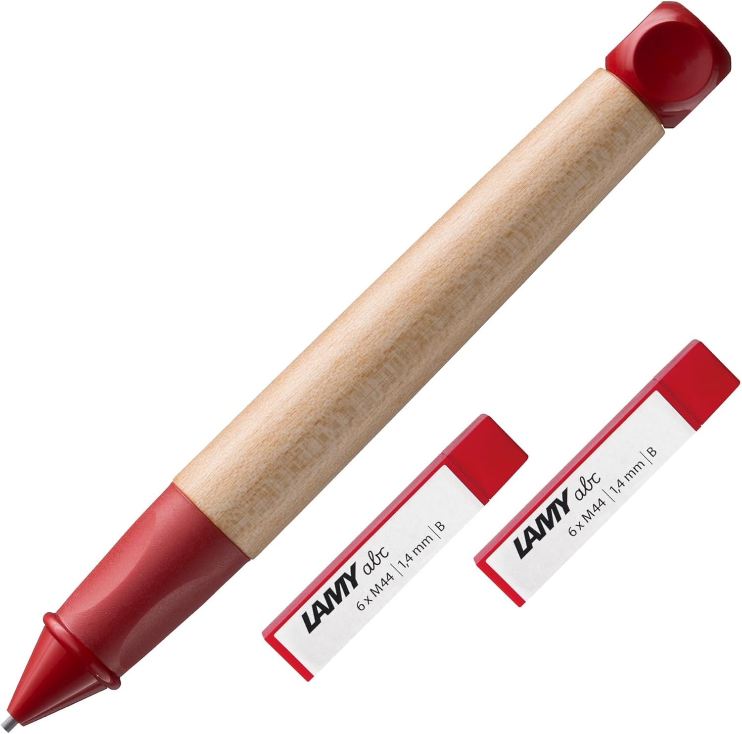 LAMY ABC Set of Child-friendly Pencil 110 Maple Wood and Non-Slip Grip in Red, Plastic Cap and Cube and 2 x Set of 6 Shatterproof Pencil Leads Lamy M 44, 1.4 mm B