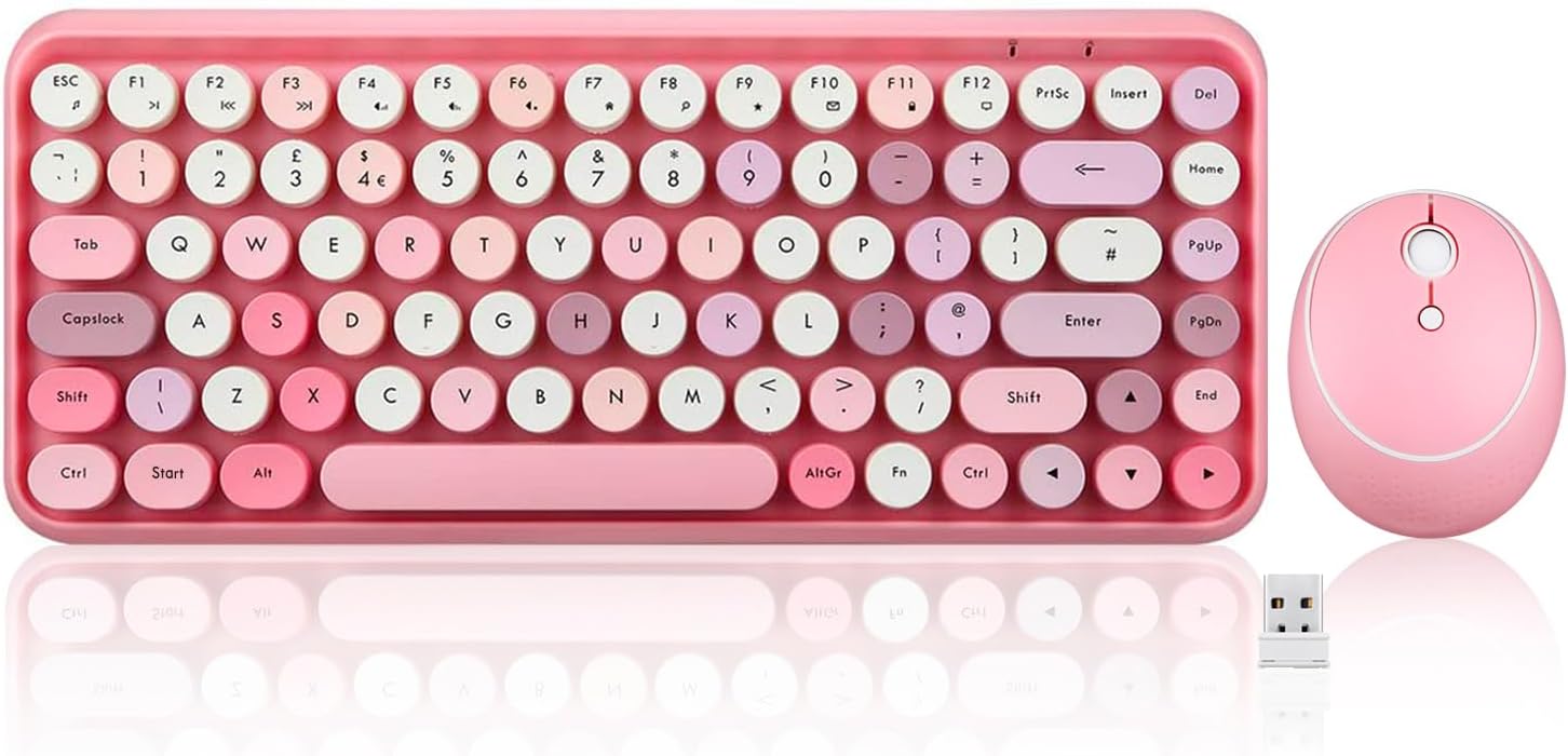 Perixx PERIDUO-713 Wireless 2.4 GHz Cute Keyboard and Mouse Combo, Retro Round Key Caps, UK Layout, Pastel Pink