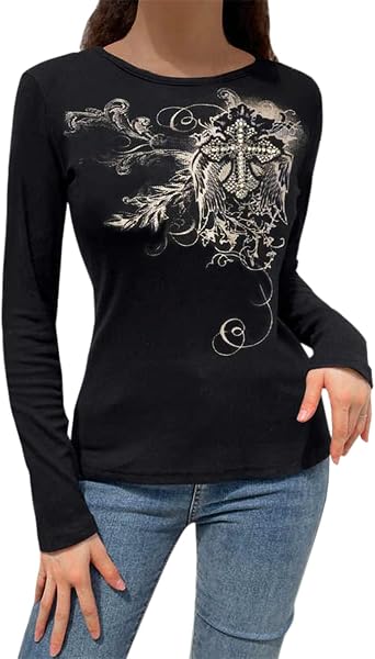 Lucakuins Women Y2k Long Sleeve Tops Fairy Grunge Graphic Tee Shirts Fairycore Aesthetic Fall Clothes Harajuku 90s Streetwear