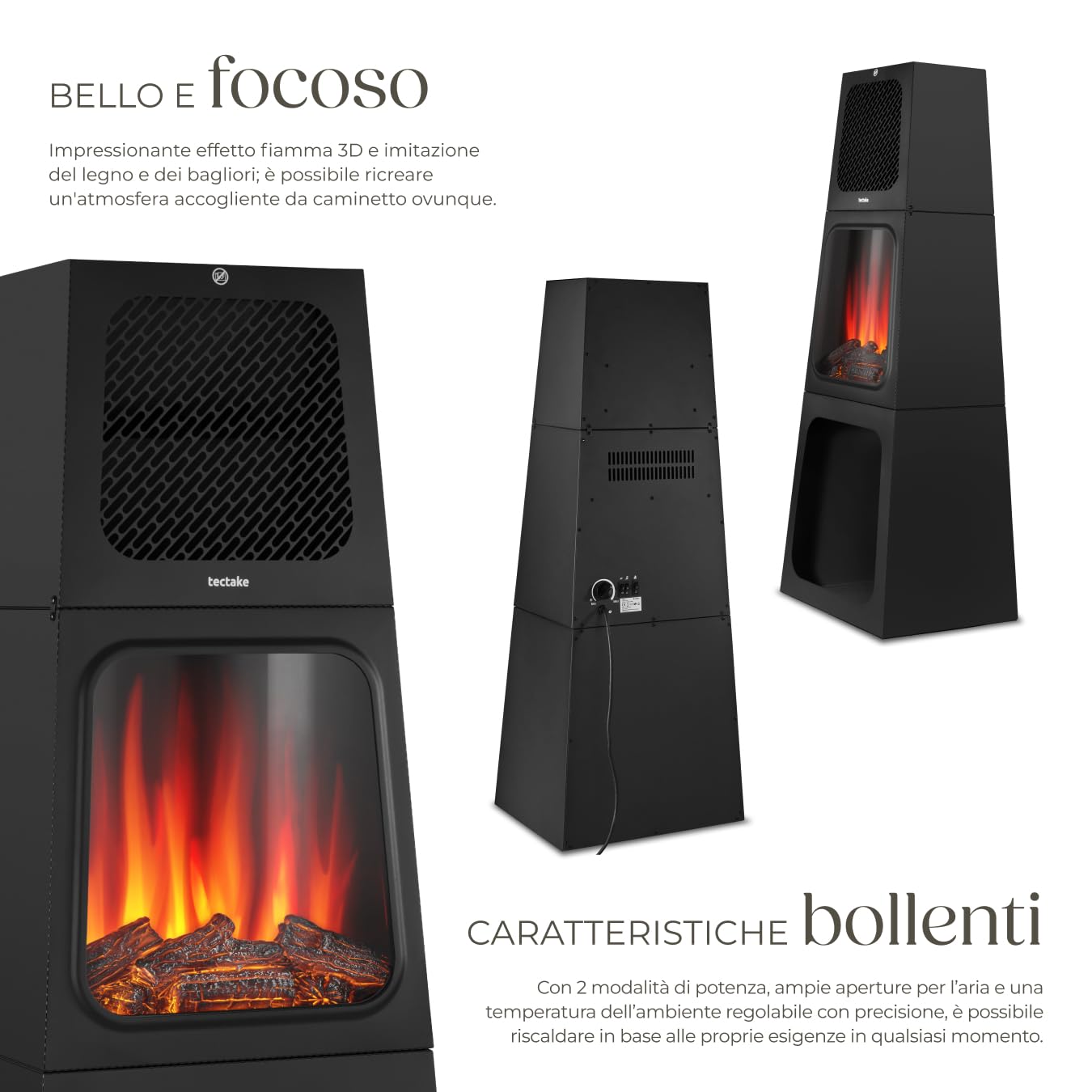 tectake® Caminetto elettrico, 45 x 120 x 35 cm, Camino Elettrico da pavimento, 2 livelli di calore 900/1800 W, termostato, effetto fiamma fuoco finto 3D, riscaldamento regolabile, Stufa Elettrica