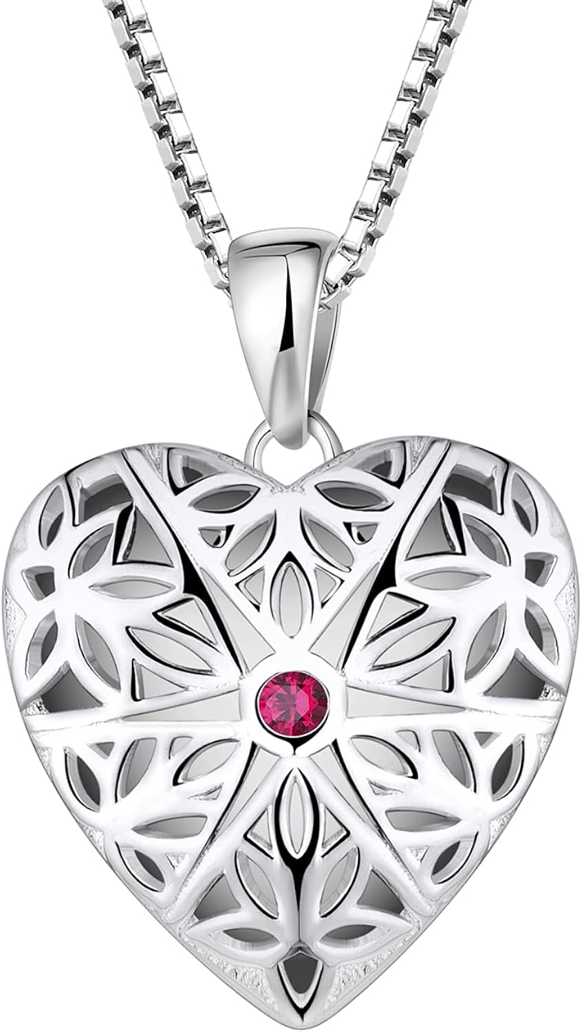 FJ Heart Photo Locket Necklace 925 Sterling Silver Personalised Picture Memory Locket Pendant Necklace Ruby Vintage Jewellery Gifts for Women Ladies Girls