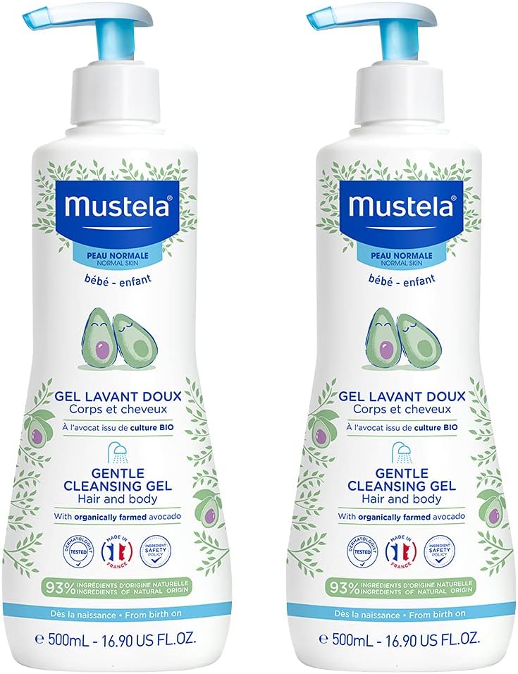 Mustela Baby Gentle Cleansing Gel - Baby Hair & Body Wash - with Natural Avocado fortified with Vitamin B5 - Biodegradable Formula & Tear-Free - Pack of 2-500ml