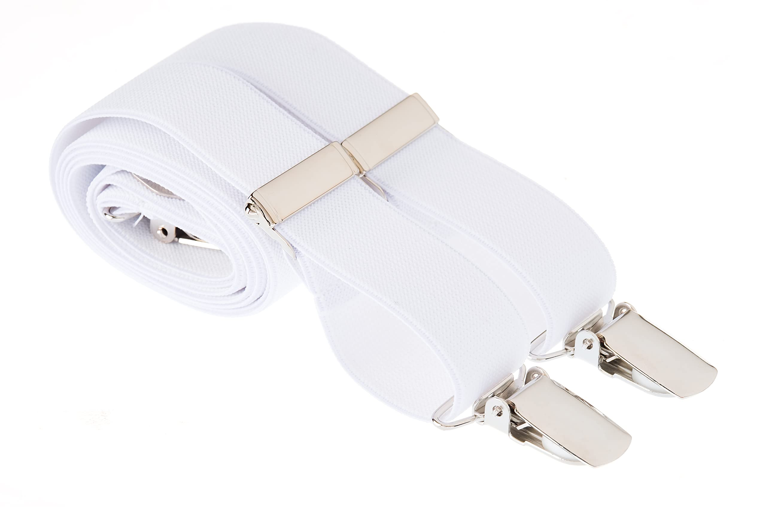 MANDITTIONS White Clip On Plain Slim Trouser Braces 25mm with 4 Silver Clips 44 Inch