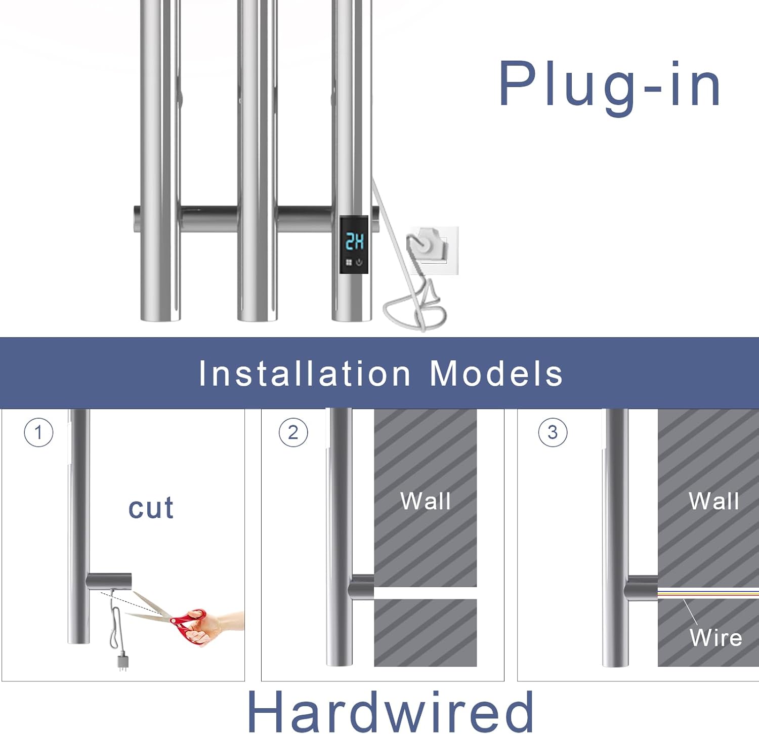 Electric Heated Towel Rack with Timer, Wall-Mounted Towel Warmer, 3 Vertical Bars, Plug-in or Hardwired, 38 Inch Height, Round Design (Silver)