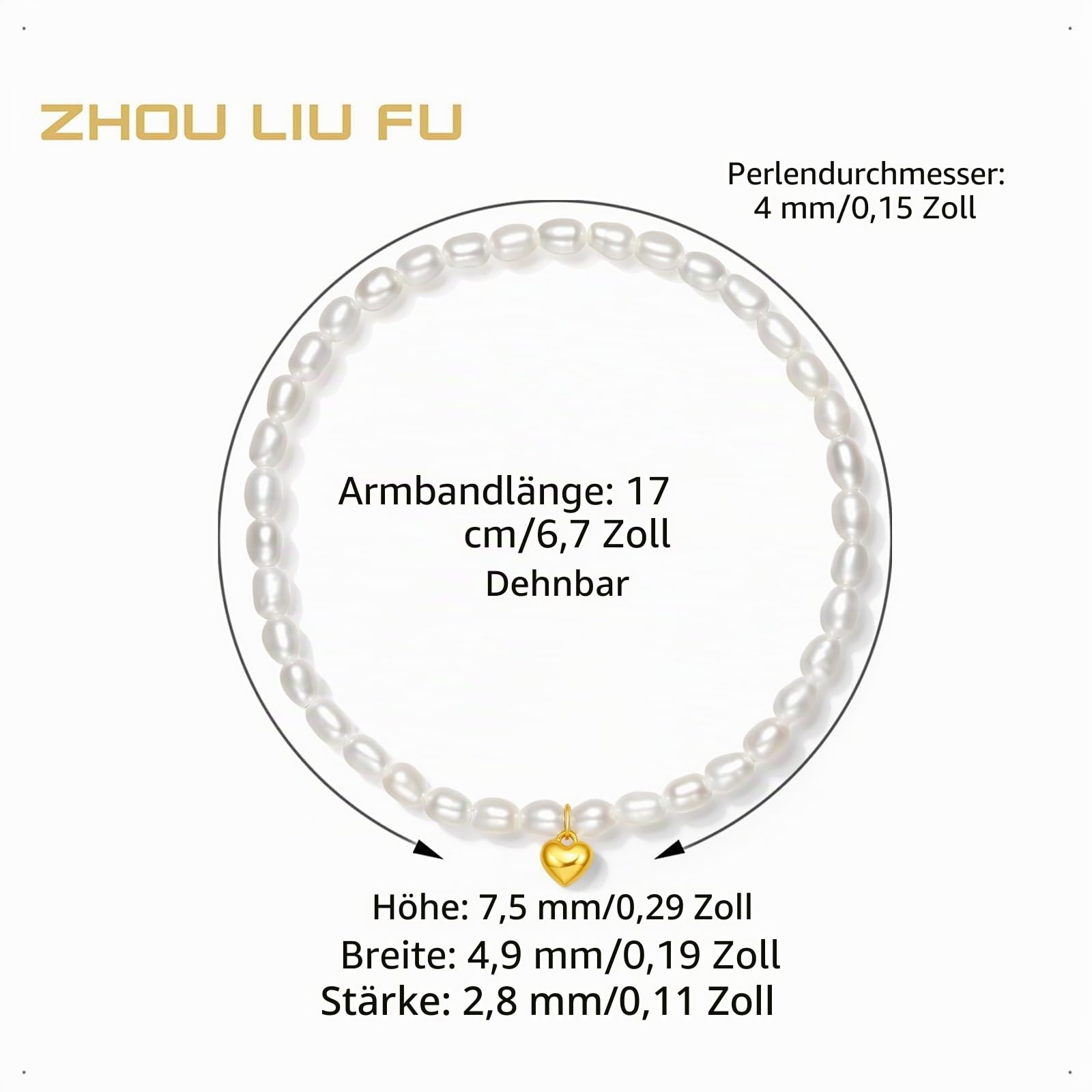 ZHOU LIU FU 18K Gold Süßwasserperle Stretch-Armband 750er Gelbgold Herz Charm Weiße Perlen Beaded Armbänder Schmuck für Damen Mutter Braut Geschenke Hochzeit Geburtstag Jahrestag 17cm