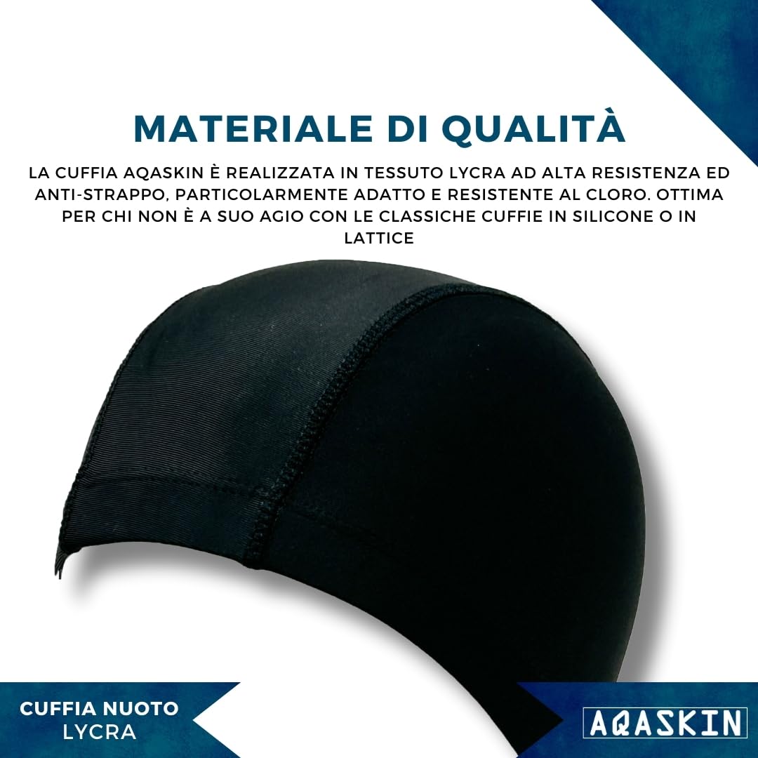 50 AQASKIN Cuffie Nuoto Professionali in Lycra - SCONTI QUANTITÁ - Anallergica Senza Lattice nè Silicone - Colori Misti - Cuffia Piscina licra Unisex, Acquagym - Pack da 50-100-300-600 pz.