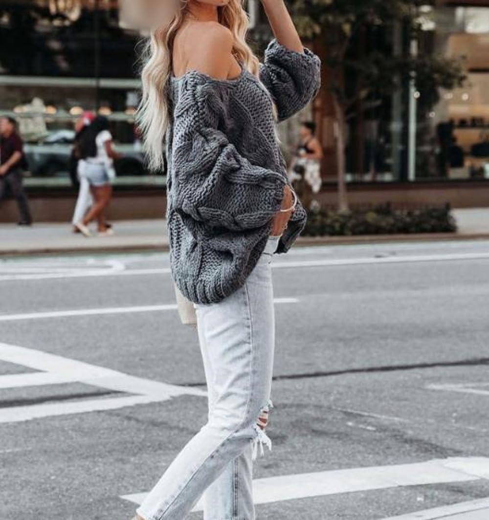 Pull À Épaules Dénudées pour Femme, Pull À Épaules Dénudées pour Femme, Pulls Surdimensionnés en Tricot Épais À Câble Aran, Pull en Tricot Sexy, Pull Décontracté, Hauts en Tricot