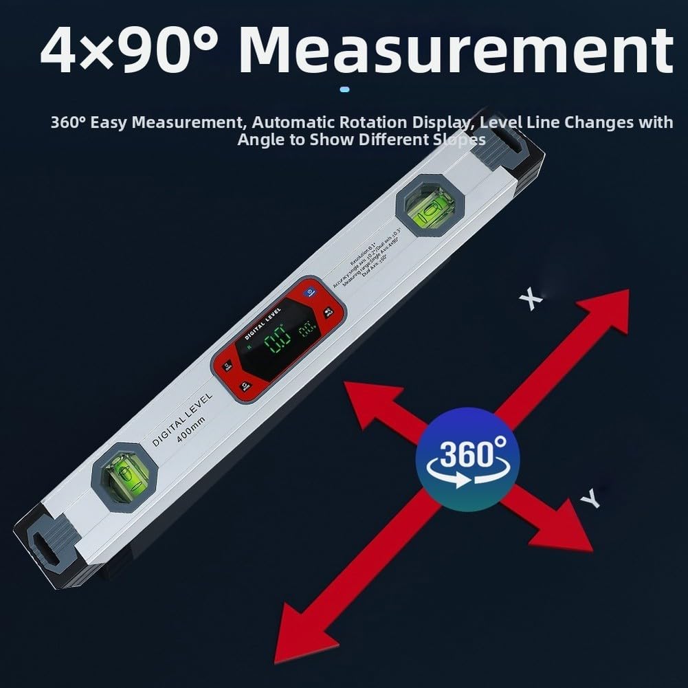 Nivel digital 400 mm con pantalla digital, inclinómetro biaxial y base magnética, notificación acústica a 0°/30°/45°/60°/90°, superficies metálicas, para mediciones precisas de ángulo