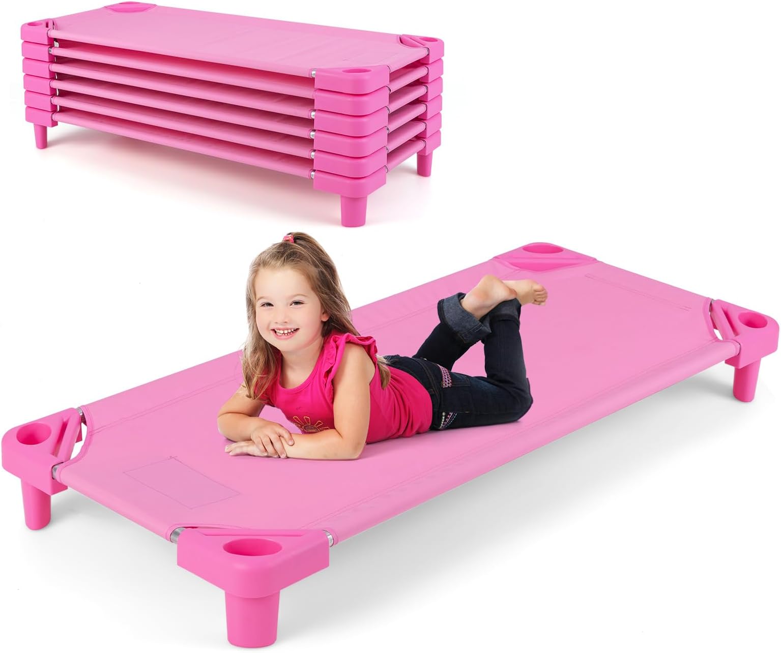 GYMAX Stackable Daycare Cot, Portable Toddler Bed with Easy Lift Corners, Kids Nap Cot for Preschool Classroom (6 Pack Pink Stackable Bed)