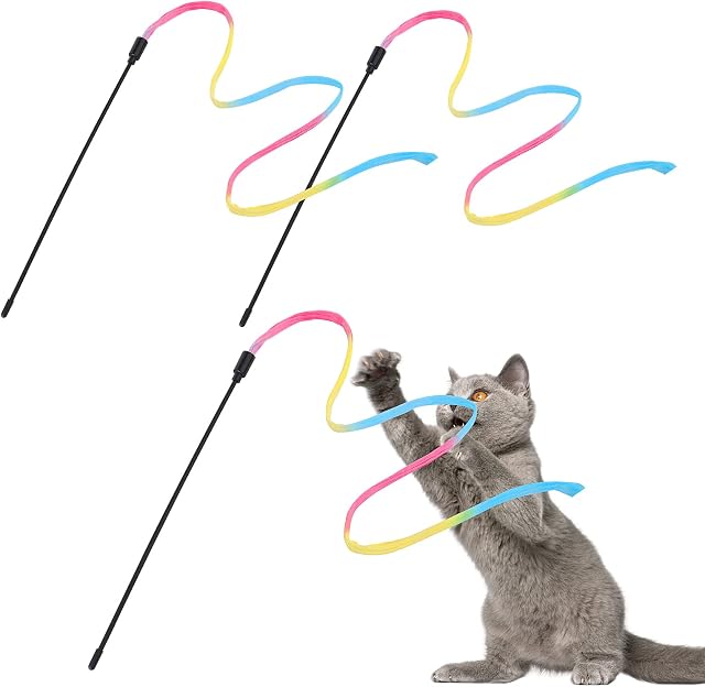 cobee Cat Interactive Rainbow Wand Toys, 3 Pcs Kitten Wand Toys Small Cat Rainbow String Interactive Toys Rainbow Ribbon Wand for Cat Training Cat Charmer Wand Cat Exerciser Training(30cm)