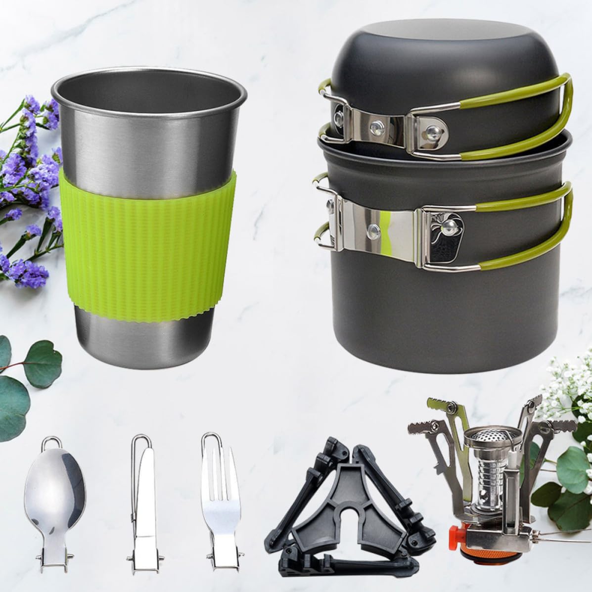 Juego de Ollas Portátiles para Acampar, Aleación de Aluminio Verde